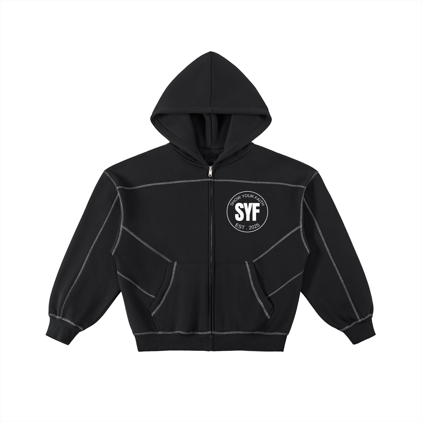 Contrast-Stitched Boxy Fleece Hoodie