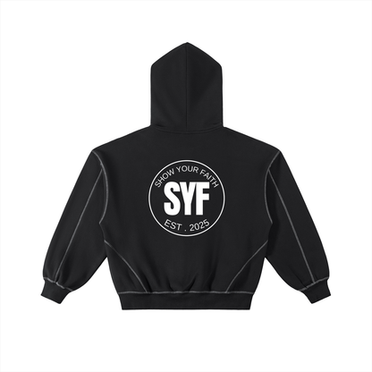 Contrast-Stitched Boxy Fleece Hoodie