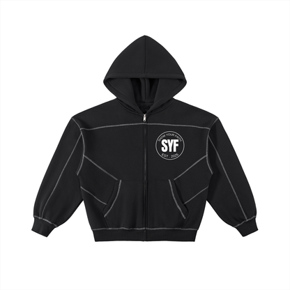 Contrast-Stitched Boxy Fleece Hoodie